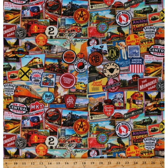 Cotton Railroads Trains Steam Engines Multicolor Cotton Fabric Print by the Yard (AOJD-19708-267)