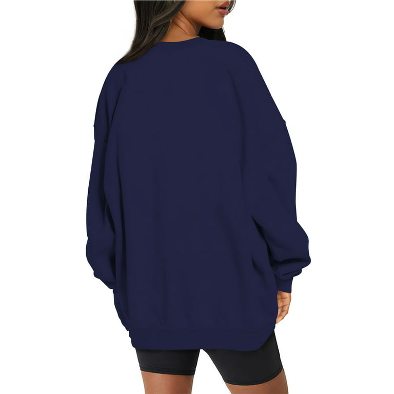 RQYYD Women's Oversized Fleece Sweatshirts Long Sleeve Crew Neck Pullover  Sweatshirt Solid Color Casual Loose Hoodies Tops (Navy,S)
