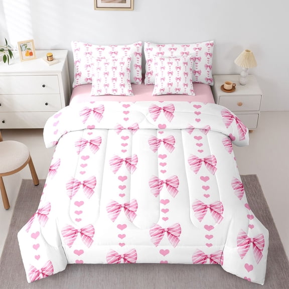Erosebridal Pink Stripes Bow Tie Twin Bedding Sets 7-Piece For Kids Girls,Kawaii Love Heart Print Bedding Comforter Set,Pink Reversible