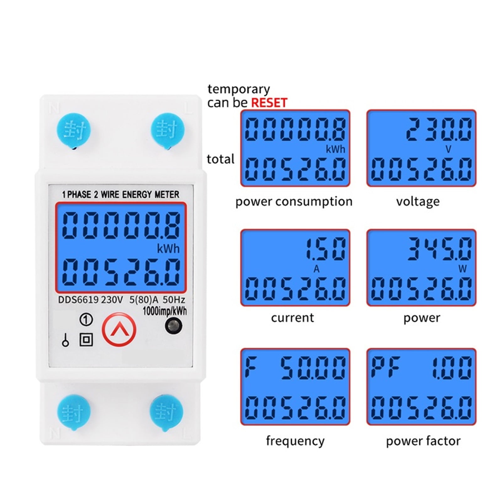 Din Rail Digital Single Phase Reset Zero Energy Meter KWh Voltage Current Power Consumption Meter Wattmeter Electricity ,Overload Protection