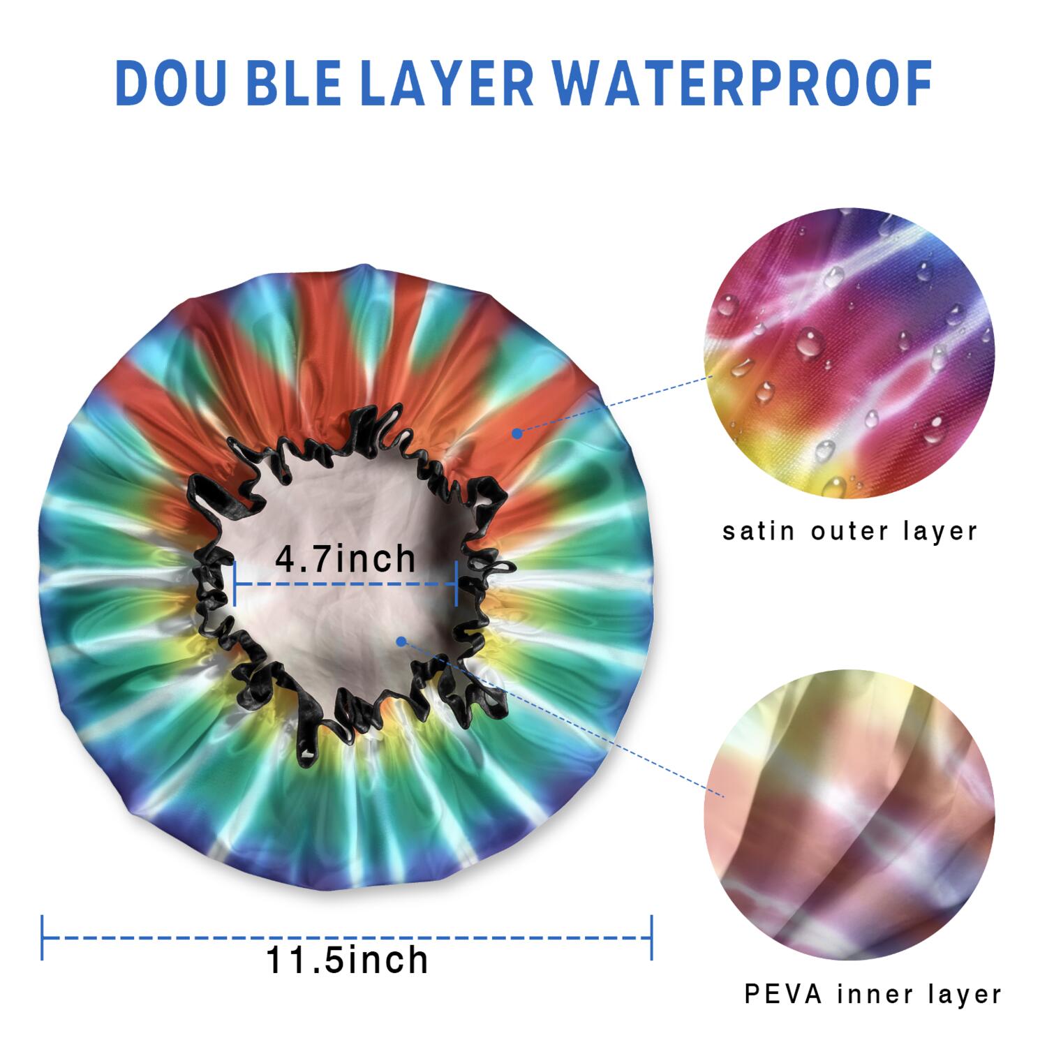 Shower Caps,Colorful Rainbow Tie Dye Spiral Pattern Waterproof Shower Cap for Women 4 Pieces,Double Reusable Hair Cover for Shower PEVA Elastic Stretch Hem