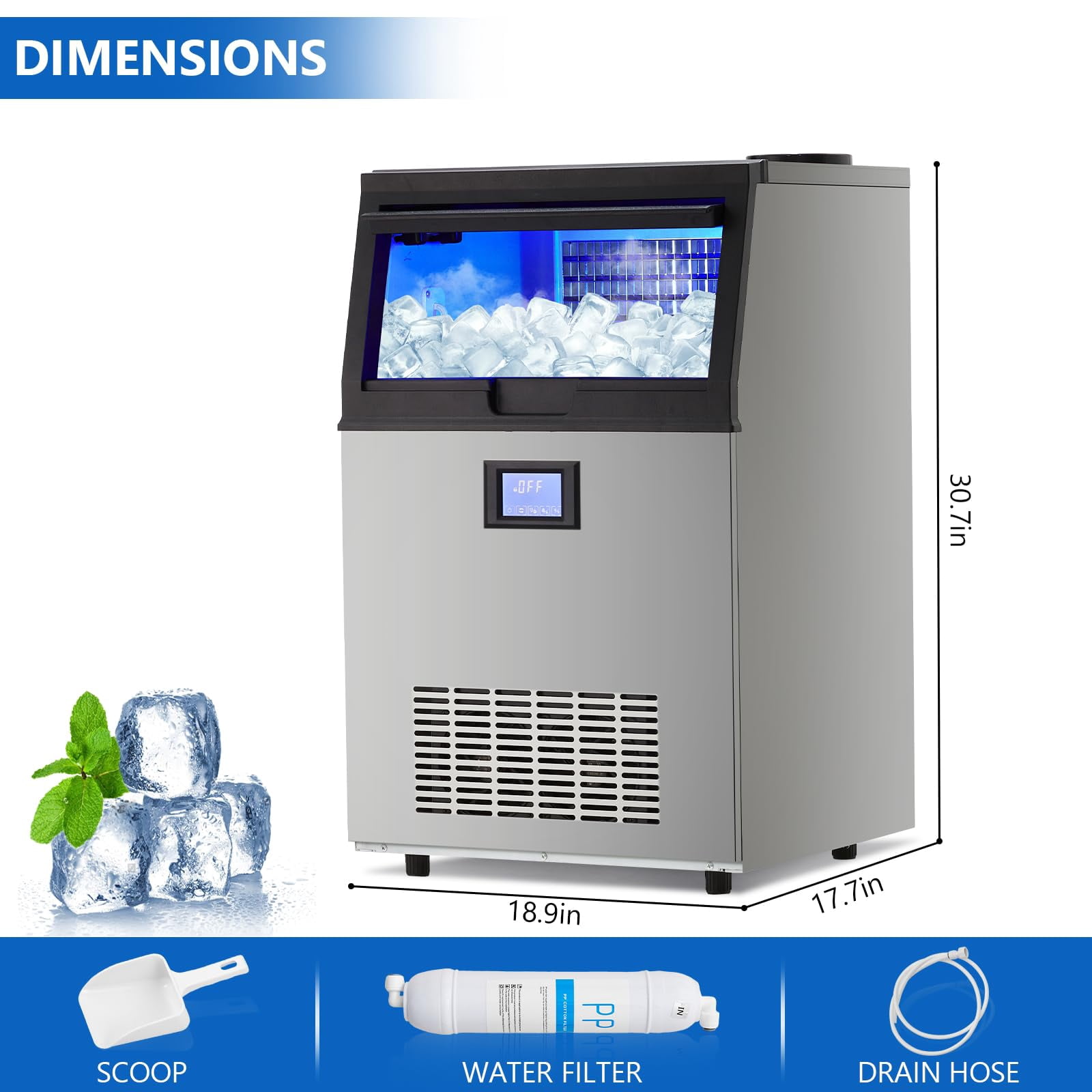 Kselythan Commercial Ice Maker Machine,100lbs/24H  Stainless Steel Ice Machine with 33lbs Ice Storage Capacity, Freestanding Under Counter Ice Maker