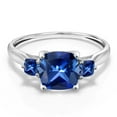 thumbnail image 2 of Gem Stone King 10K White Gold Blue Created Sapphire 3-Stone Engagement Ring for Women | 2.26 Cttw | Cushion 7MM and 3MM | Gemstone Birthstone | Gemstone Birthstone.5 (Size 6.5), 2 of 5