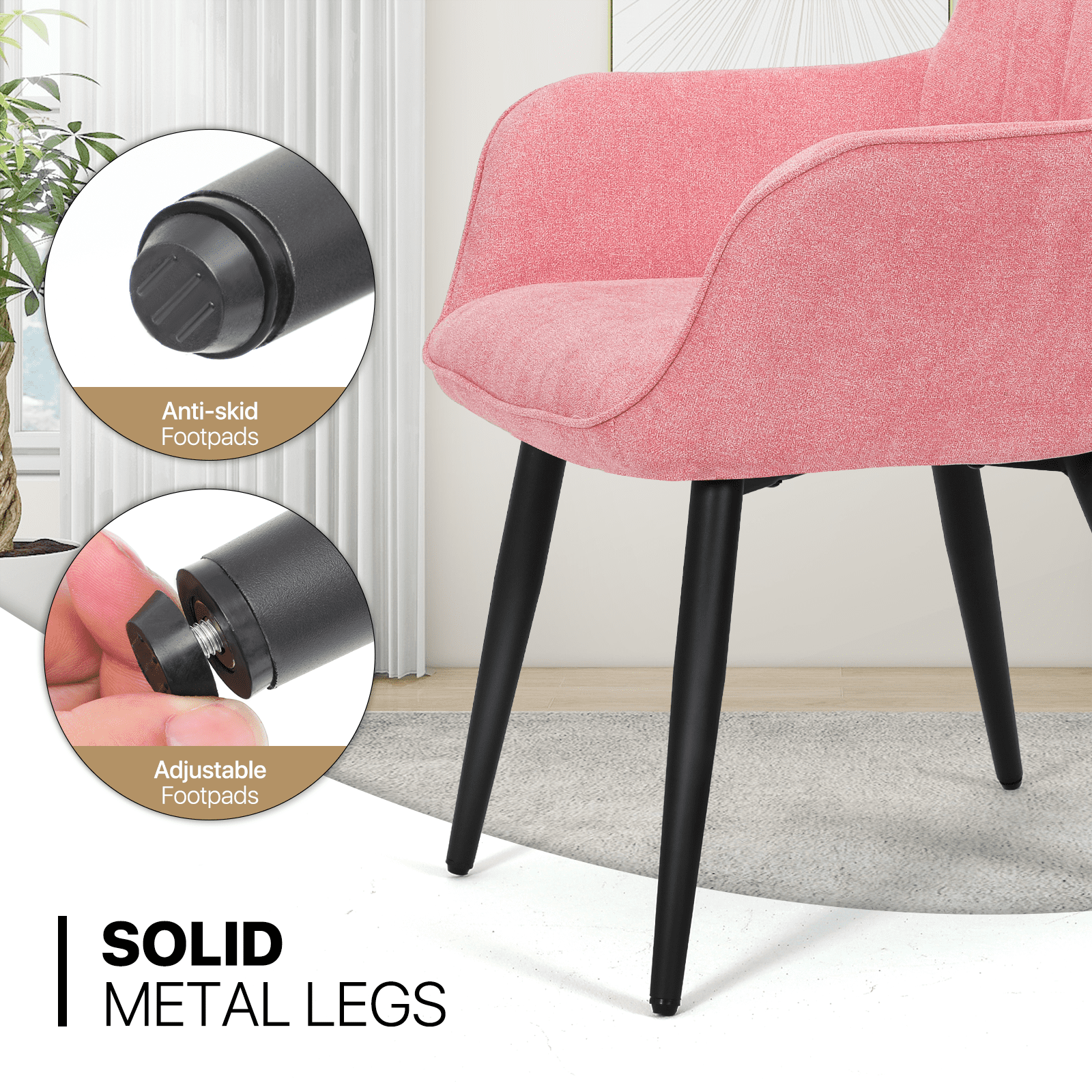 MoNiBloom Upholstered Accent Chair Set of 2, Armchair with Metal Leg, Shell Shape Cotton-linen Single Sofa Chair, for Living Room Bedroom, Soft Pink