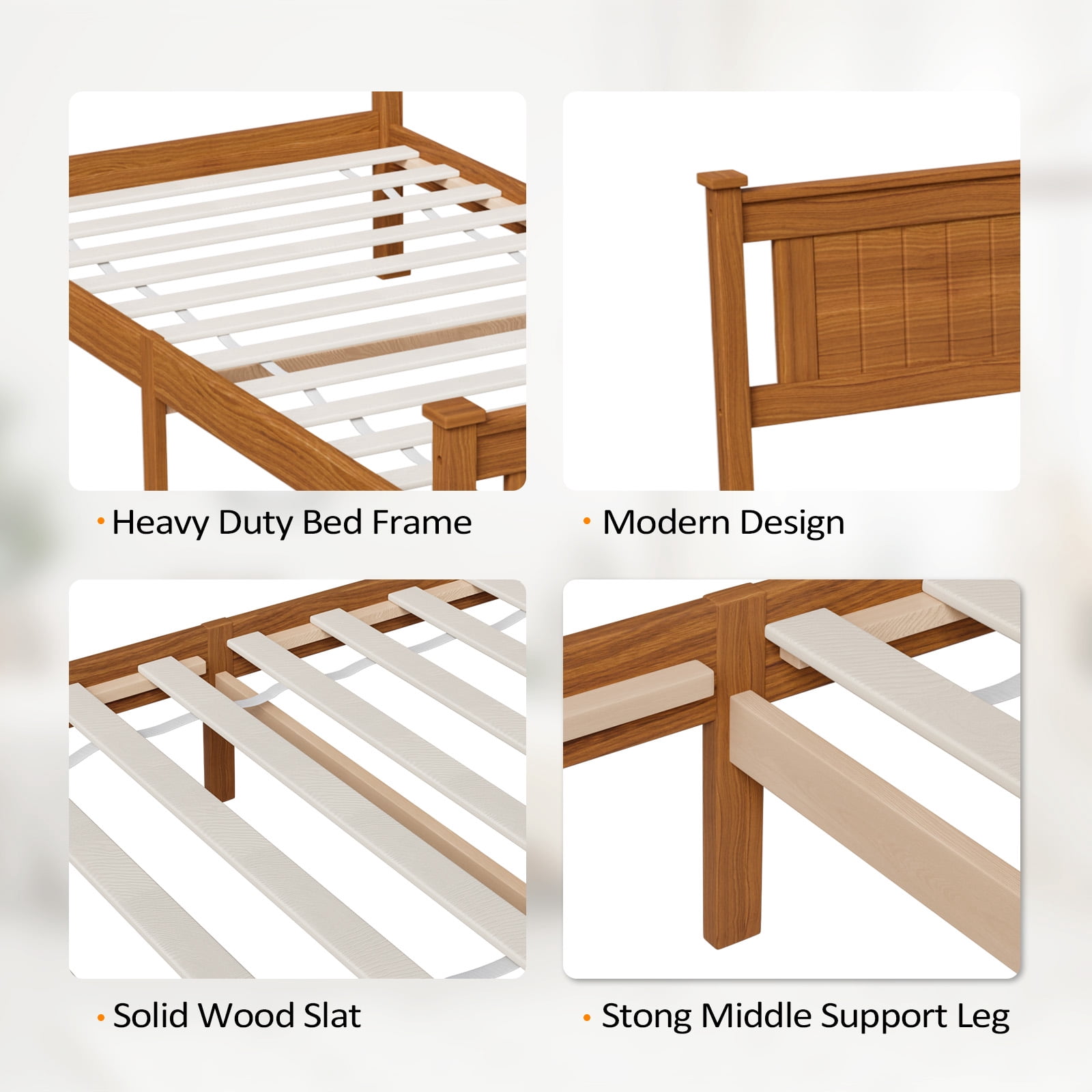 Zimtown Twin Bed Frame,Solid Pine Wood Platform Bed Frame, Bedroom Bed with Headboard, Brown
