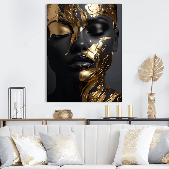 Designart "Gilded Portrait Black and Gold II" Fashion Canvas Wall Art - Glam Gold Woman Hallway Wall Art Decor