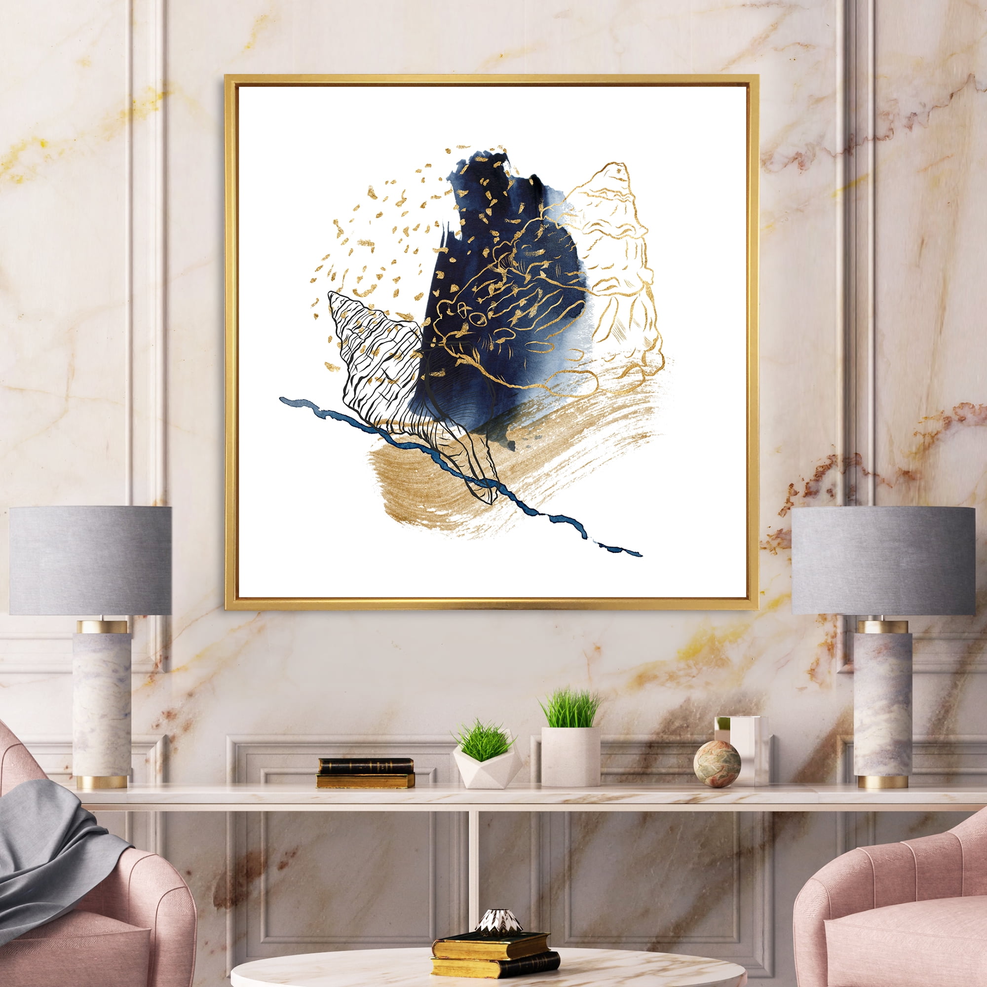 Designart 'Underwater Marine Life With Gold Shell Line Art' Farmhouse Framed Canvas Wall Art Print