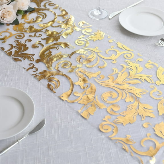 BalsaCircle 12x108 in Gold Sheer Organza Table Runner with Embossed Metallic Floral Design Party Events Reception