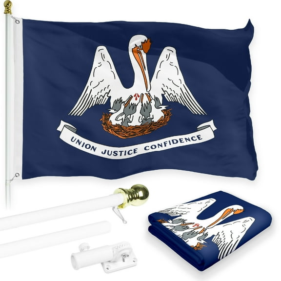 G128 Combo Pack: 6 Feet Tangle Free Spinning Flagpole (White) Louisiana LA State Flag 3x5 ft Printed 150D Brass Grommets (Flag Included) Aluminum Flag Pole