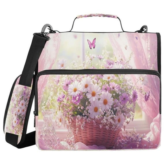 YAZAOO Zipper Binder trapper keeper Documents Organized Design Basket Of Daisies and Butterflies Printed