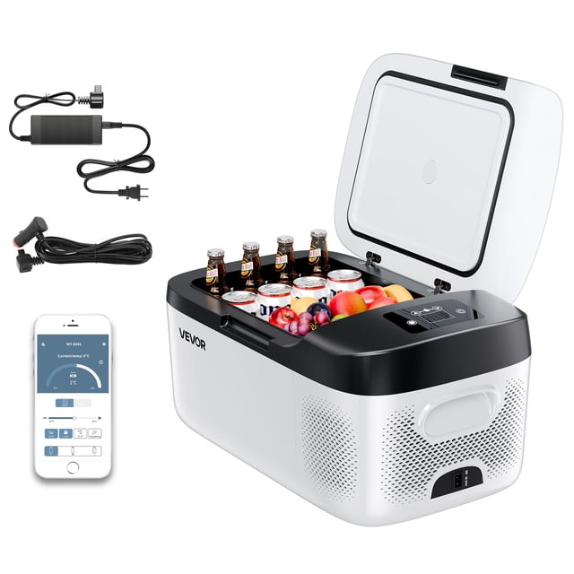 VEVOR Car Refrigerator, DC 12/24V AC100-240V Compressor Electric Cooler, -4°F to 68°F Car Fridge with APP Control, 16 QT Cars Freezer for RVs, 60W Portable Freezer