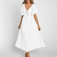 thumbnail image 6 of Munlar Womens White Sundress A-line V Neck Flowy Short Sleeve Midi Dress Ruffle Summer Dress for Women, 6 of 9