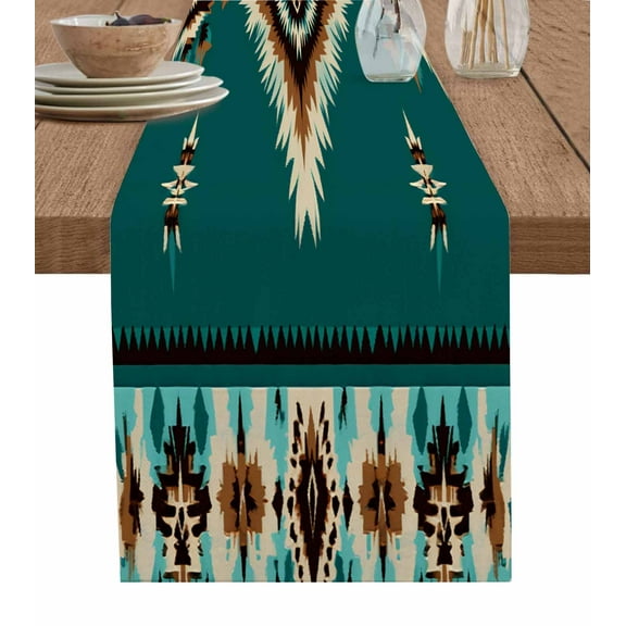 Teal Brown Table Runner-Cotton Linen- 120 Inch Holiday Dresser Scarves, Southwest Geometric Aztecs Rustic Tribal Tablerunner for Kitchen Coffee/Dining Bedroom Living Room Dinner Scarf Décor 13x120