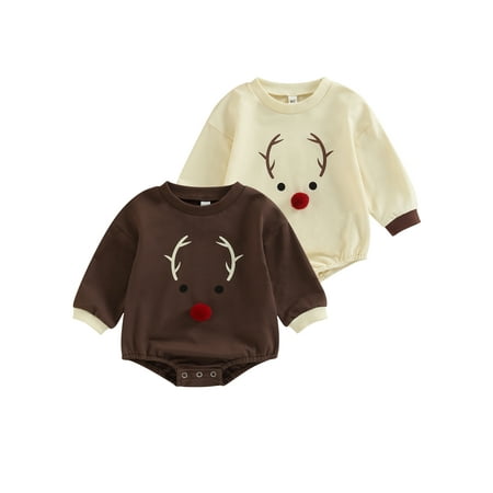 

Ma&Baby Infant Baby Christmas Jumpsuit Cartoon Elk Print Long Sleeve Round Neck Romper for Boys Girls