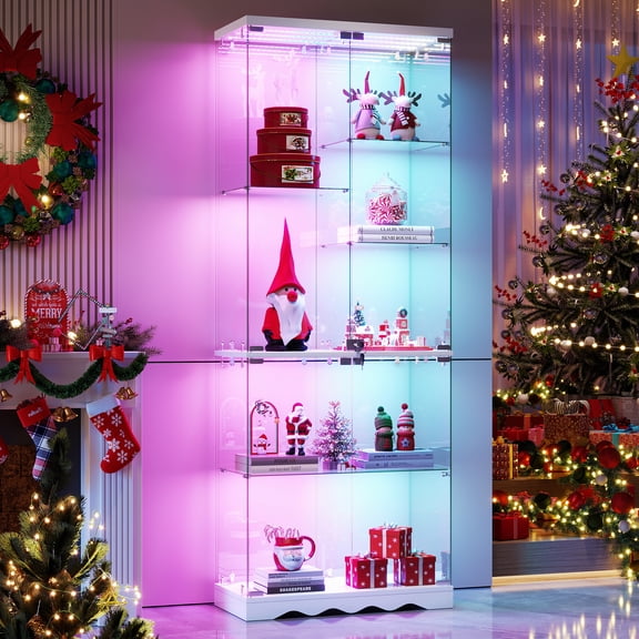 VKCC Display Cabinet with RGB,Lockable Curio Cabinet with Glass Door,Display Case with Adjustable Shelf,Bookshelf for Living Room,White