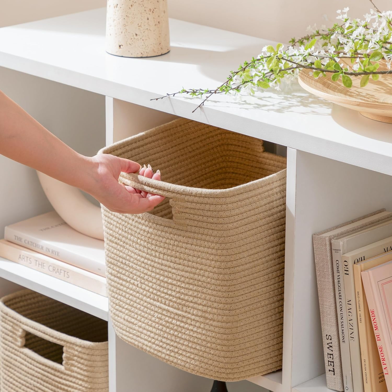 HBlife Set of 4 Storage Cubes-13 X 13 X 13 In, Cotton Rope Basket with Handles,Brown