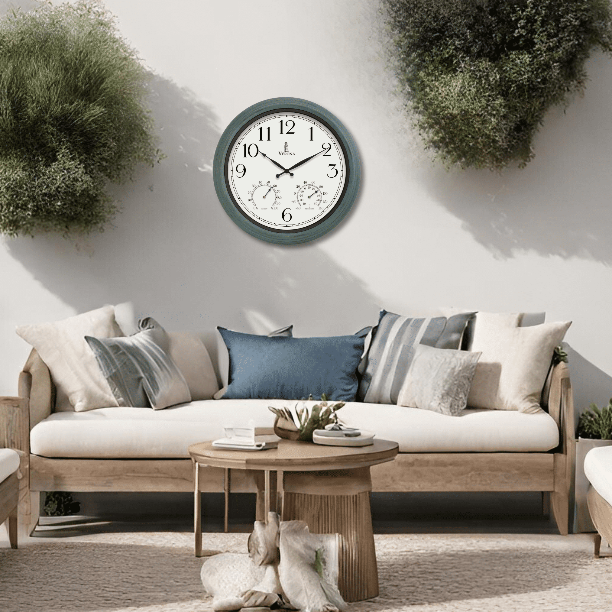 18 inch Outdoor Clocks for Patio Large Waterproof with Thermometer - Teal Blue Outdoor Clock with Temperature and Humidity for Wall - Weatherproof, Accurate & Easy to Read for Pool, Patio & Garden