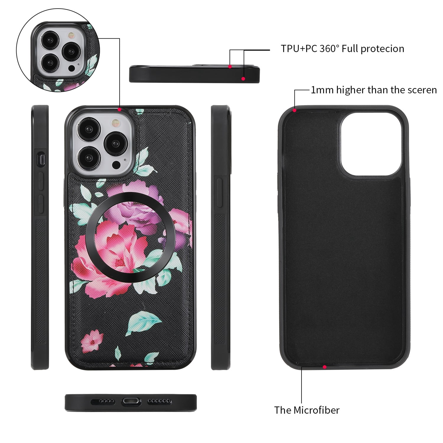 SaniMore Magnetic Detachable Wallet Case for iPhone 13 Pro Max, Flower Pattern RFID Blocking Cover Support Wireless Charging Card Slot Shoulder & Wrist Strap 360° Full Protective Shell, Black