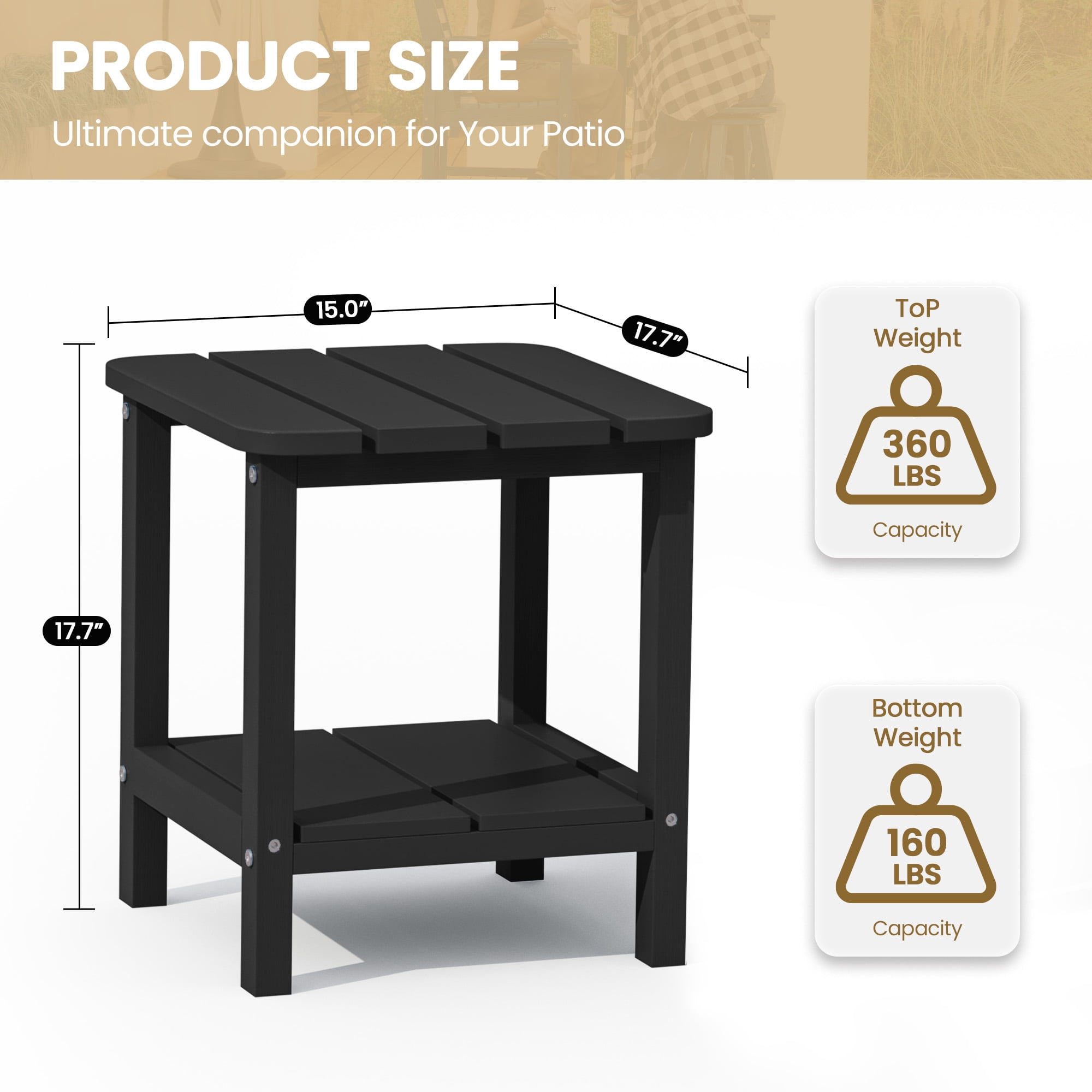 SERWALL 3PC Adjustable Folding Adirondack Chair set and Double Side Table, For Outdoor, Patio, Poolside, Garden, Black