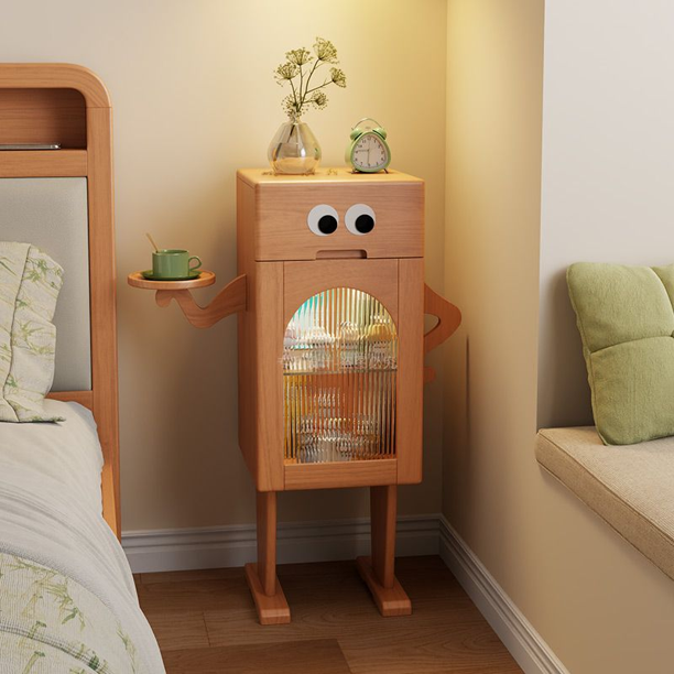 Mesita de noche de madera maciza, decoración creativa con forma de robot, armario de almacenamiento para dormitorio y sala de estar con función de luz de inducción