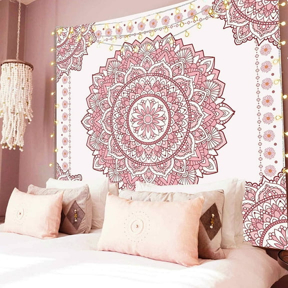 Boho Pink Mandala Wall Tapestry for Bedroom, White and Pink Aesthetic Tapestry Room Decor for Teen Girls, Art Floral Wall Hanging for College Dorm (51''x60'')