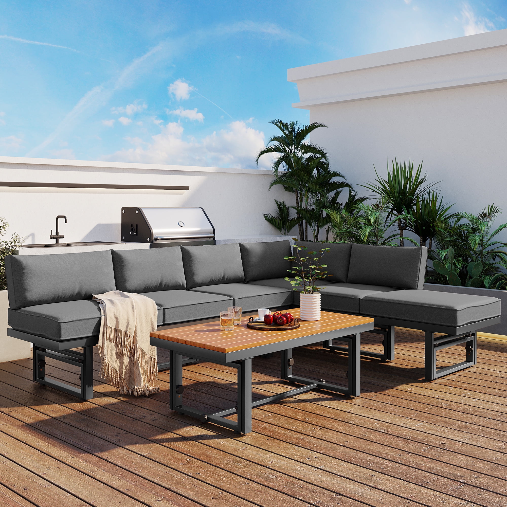 Harper & Bright Designs Metal Patio Conversation Furniture Set, 3 Pieces Modern Outdoor Sectional Sofa Set with Coffee Table and Height Adjustable Seating for Garden and Backyard, Grey