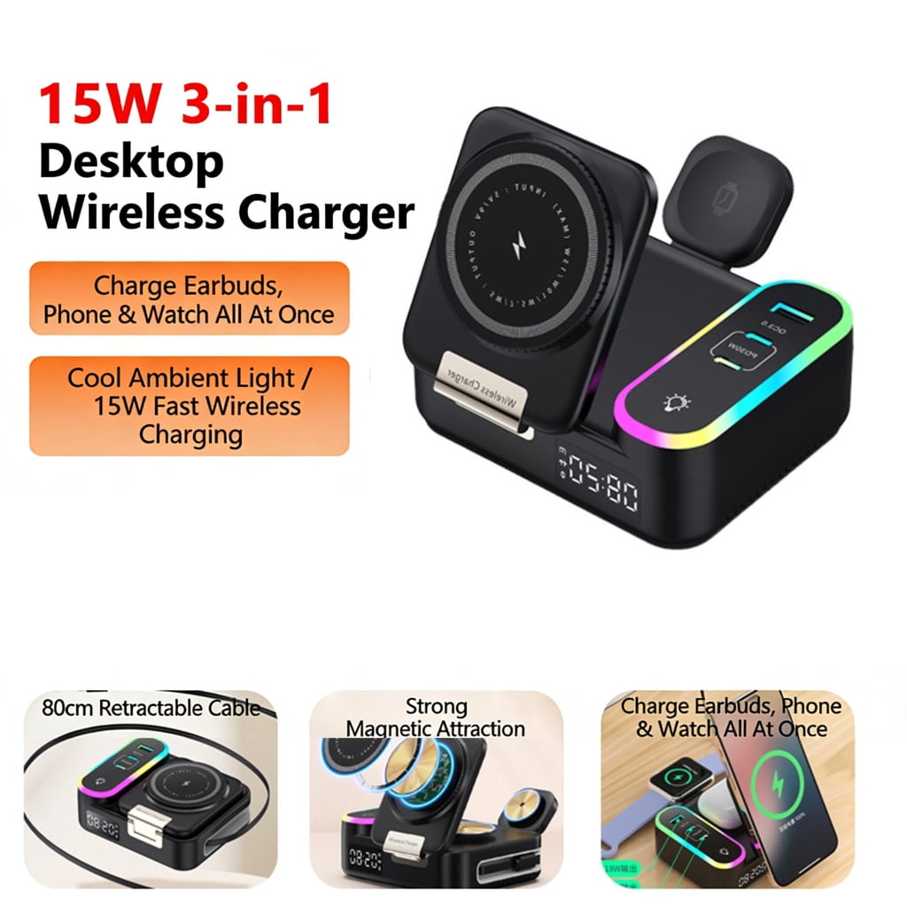 3 In 1 15W Magnetics Chargers With Flexible Retractable Cable For Phones And Watches