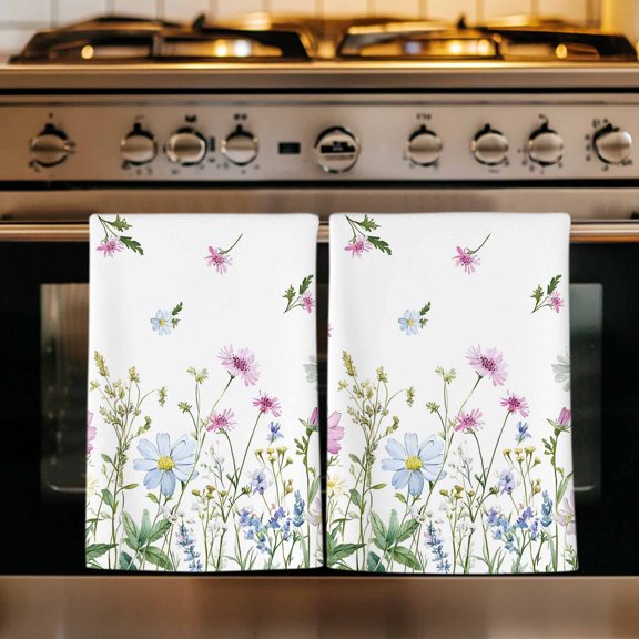 Botanical Kitchen Towels Set of 2, Blue Pink Daisy Floral Watercolor White Absorbent Dish Towels for Kitchen, Microfiber Hand Towel, Quick Drying Tea Towel for Cleaning Decorative Dishcloths