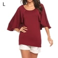 thumbnail image 1 of Camiseta de mujer con volantes, cuello redondo, manga corta, blusa informal, top, rojo vino, L Methold AP001341-08, 1 of 7