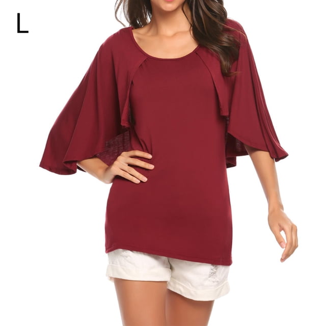 Camiseta de mujer con volantes, cuello redondo, manga corta, blusa informal, top, rojo vino, L Methold AP001341-08