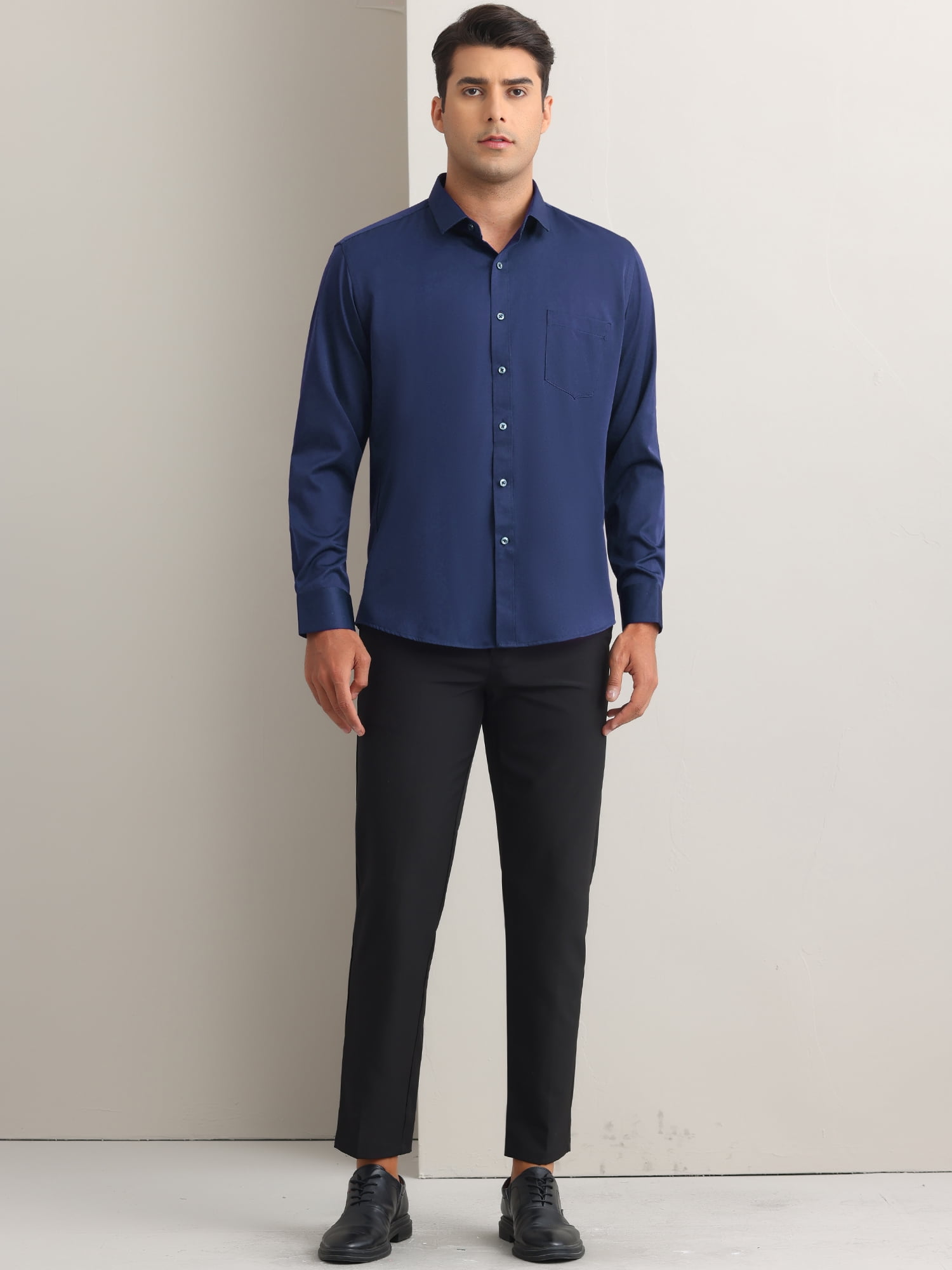 Unique Bargains Men's Long Sleeve Regular Fit Business Button Down Shirt L Dark Blue
