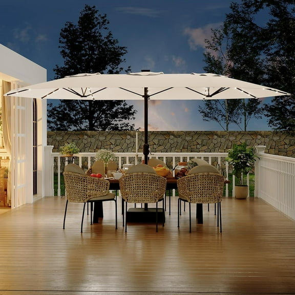 15FT Rectangular Patio Umbrella With Solar Lights & Base Included - Large Patio Umbrella With Crank Handle, UV Protection for Outdoor Market, Lawn, Backyard, Pool