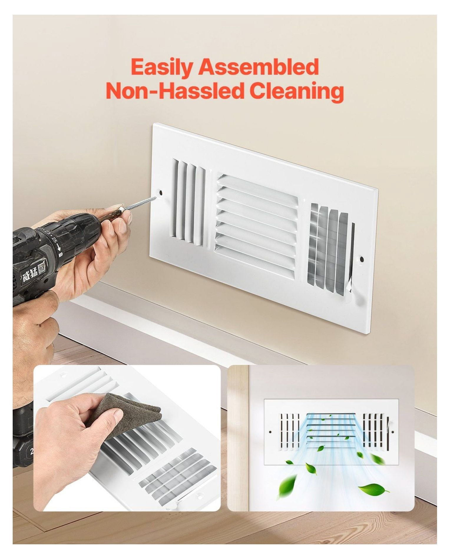 Floor Registers 4x10 Inch 6-Pack - White HVAC Vents - Iron Floor Air Vent Covers - Adjustable 3-Way Airflow - Durable Metal Grilles