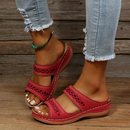 

Women Summer Solid Color Slip On Casual Open Toe Wedges Soft Bottom Breathable Slippers Shoes Sandals Slippers for Women Summer Red 8.5