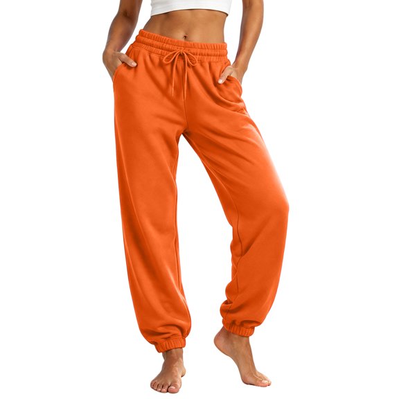 Dwellite Women's Barrel Sweatpants Baggy Fleece Wide Leg Track Pants Elastic Waisted Lounge all Winter Trousers with Pockets Orange 2XL
