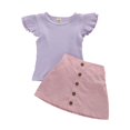 thumbnail image 1 of Kid Baby Girl Summer Clothes, Basic Plain Ruffle Sleeve Knit Top + Button Skirt 2 Piece Outfit Set, 1 of 4