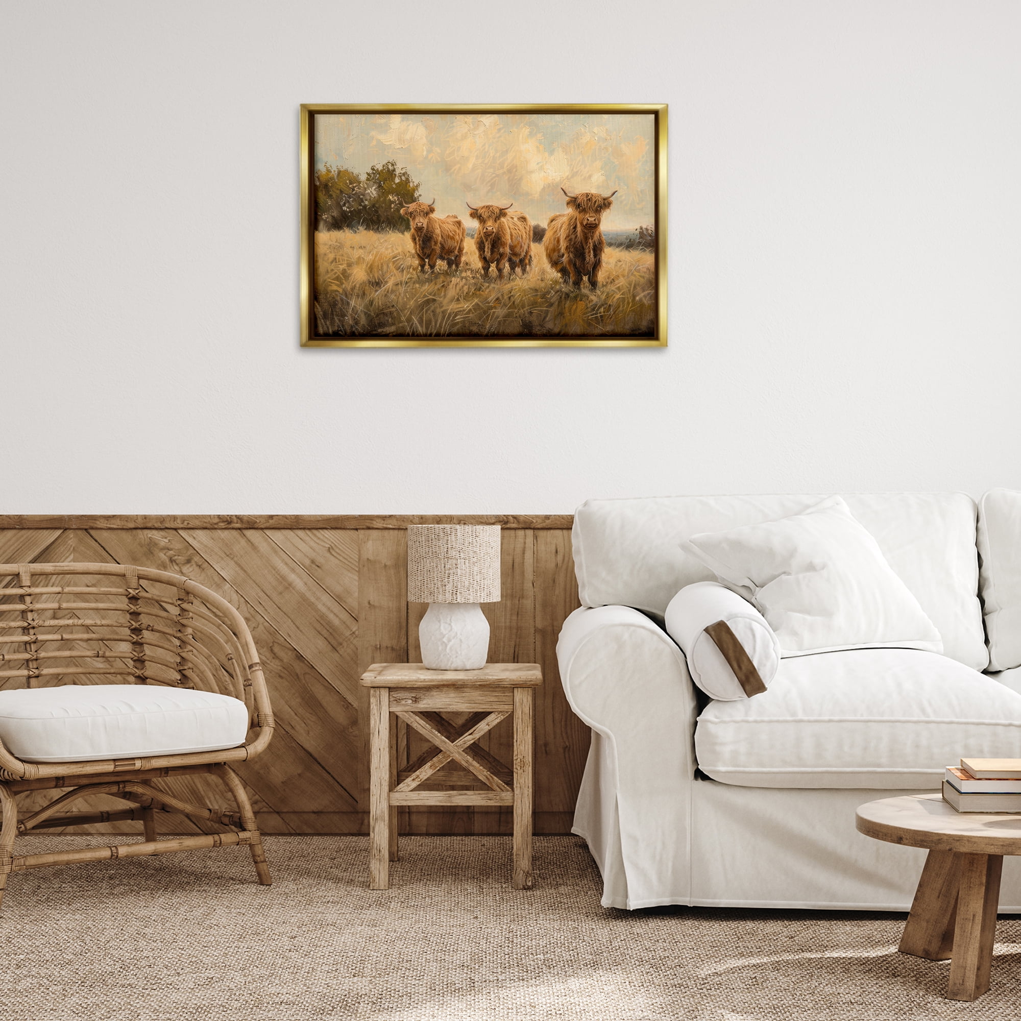 Stupell Industries Three's A Party Cattle Animals & Insects Painting Gold Floater Framed Canvas Art Print Wall Art, 31 x 21