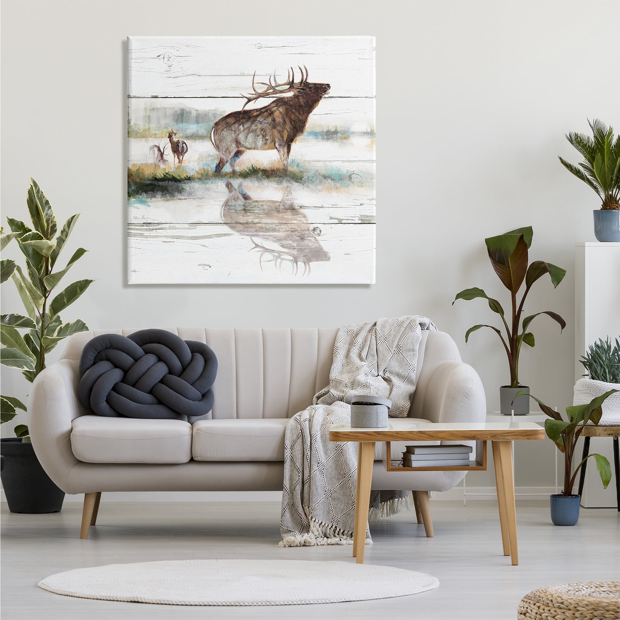 Stupell Industries Elk and Wild Deer Forest Animal Watering Hole Paintings Gallery-Wrapped Canvas Print Wall Art, 36x36, by Ruane Manning