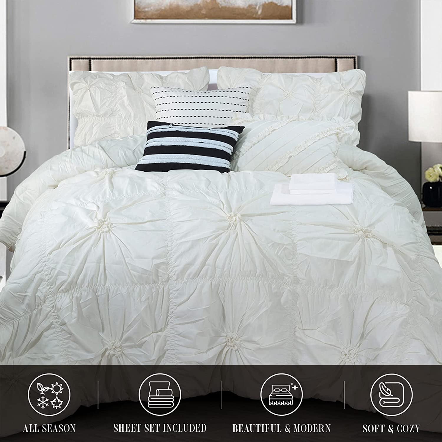 Elegant Comfort Amy 12-Piece Oversized Comforter, Bed-in-a-Bag Including 6-Piece Sheet Set Featuring Smart Pockets and Matching Decorative Pillows, Amy 12PC Oversized Comforter, Cali King, Ivory
