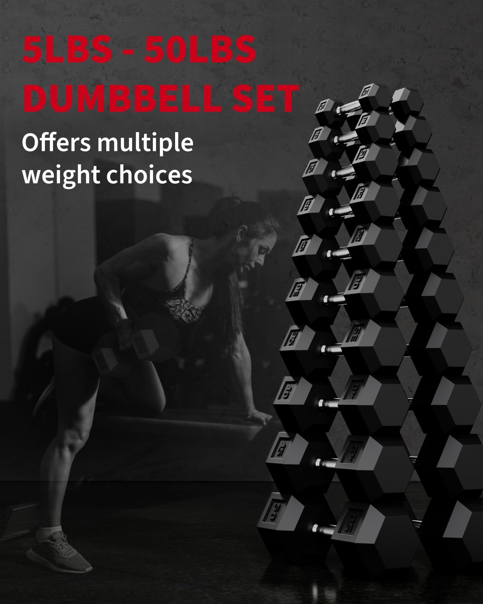 5-50 LB Hex Dumbbell Set of 2, Hand Weights with Cast Iron Core, Durable Rubber Encased Coating, Textured Carbon Steel Handle for Superior Grip, Perfect for Home Gym Strength Training