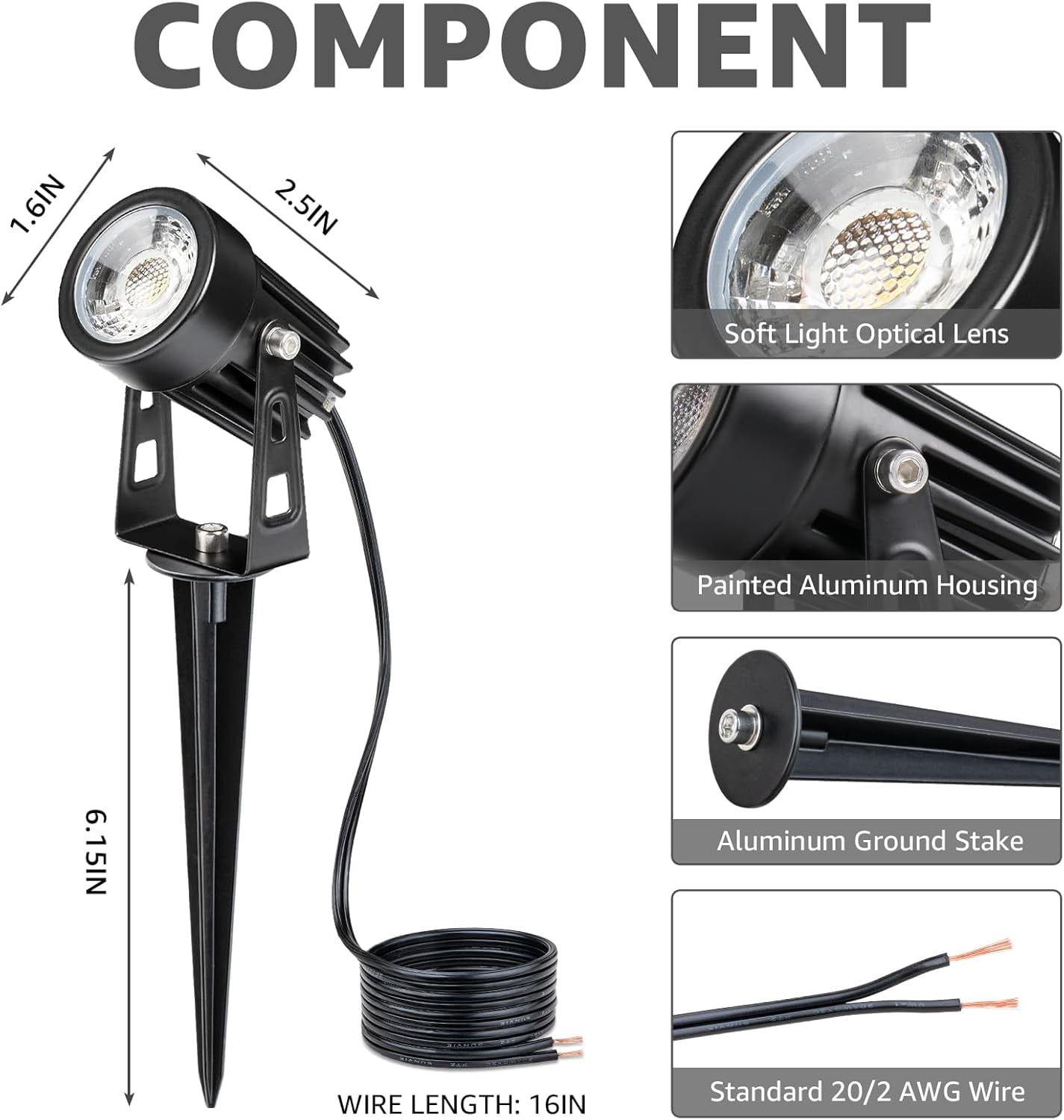 SUNVIE 3W Low Voltage Landscape Lighting LED Outdoor Spotlight with Connectors for Garden, 4 Pack