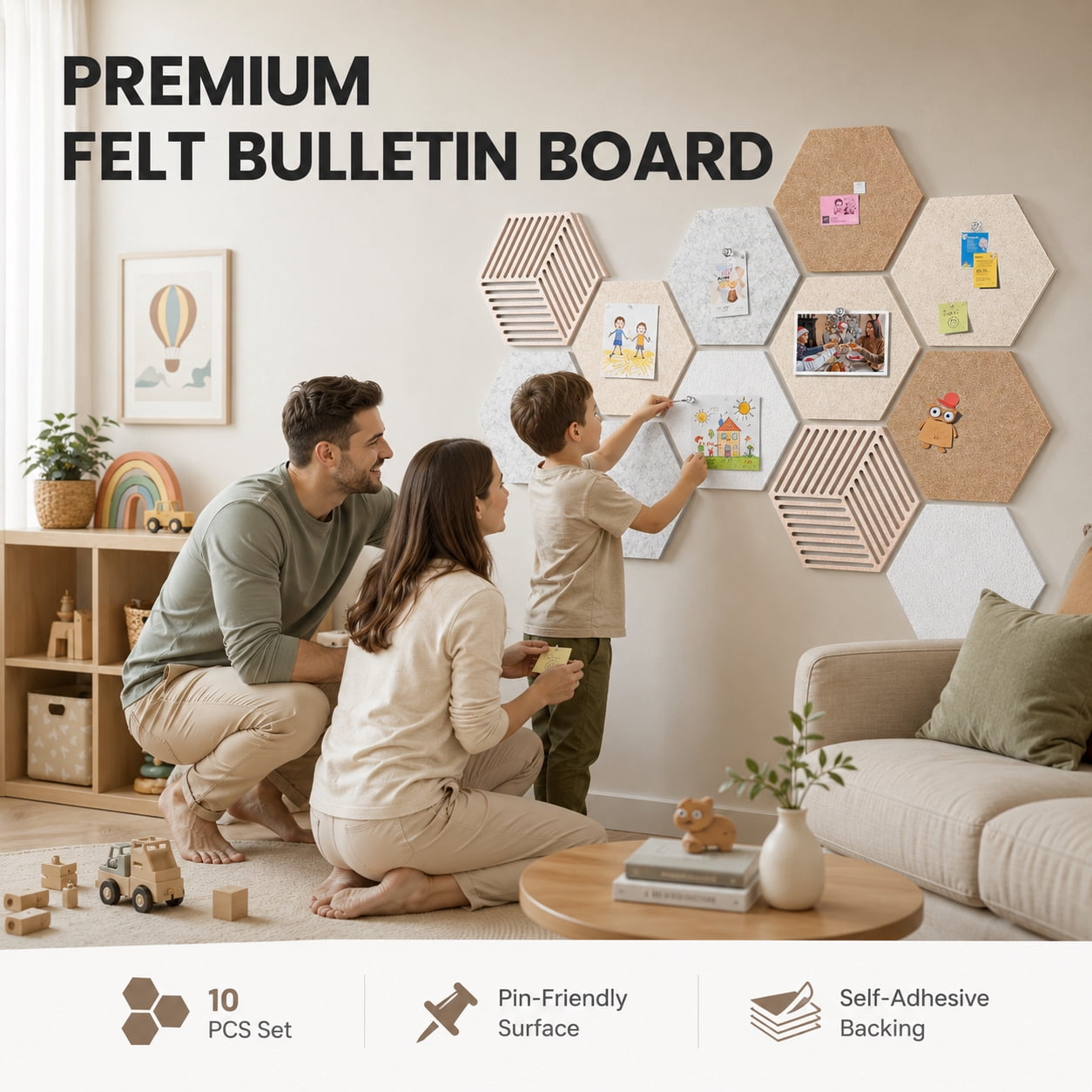HBK Hexagon Cork Tiles 10 pack with 50 Pins, Self-Adhesive Wall Bulletin for Home Office Decor, Classroom Organization and Photo Display