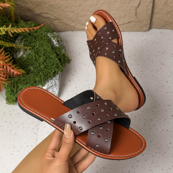 PiGOGI Women's Studded Slide Sandals Crisscross Strap Flat Non-Slip Comfortable Summer Brown 9.5