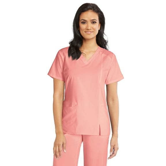 Barco Wellness BWT012 Women's Four Pocket Contrast Shoulder Front Side Slit Scrub Top Coral Berry XS