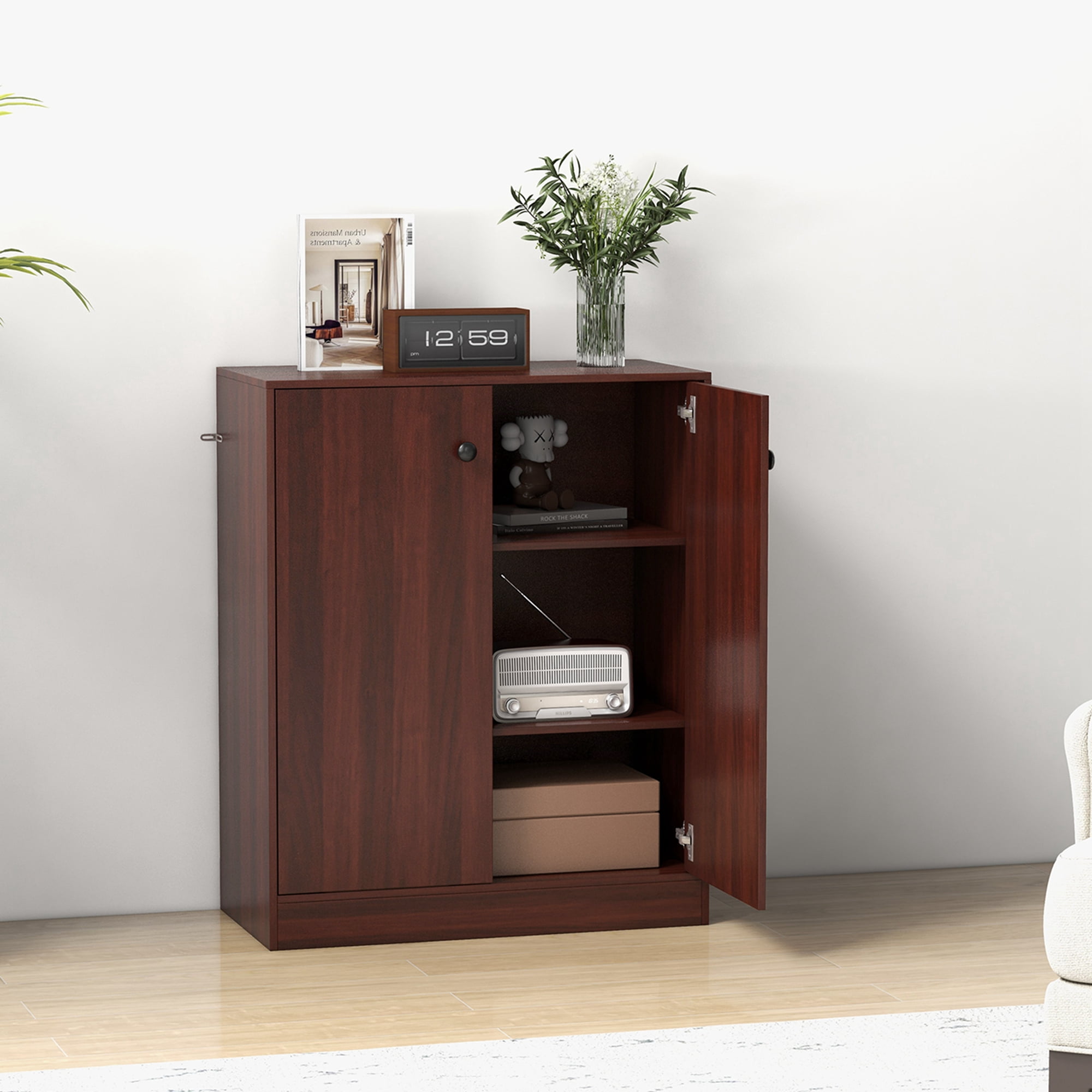 Costway 2-Door Storage Cabinet Freestanding Storage Organizer with 3-Tier Shelf Entryway Brown