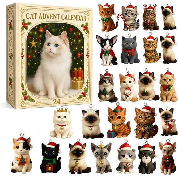Cat Advent Calendar 2026, 24 Days Christmas Countdown Gift Box, 24Pcs Flat Acrylic Kitten Ornaments, Christmas Tree Hanging Decorations, Cute Xmas Gifts for Cat Lovers Women Kids