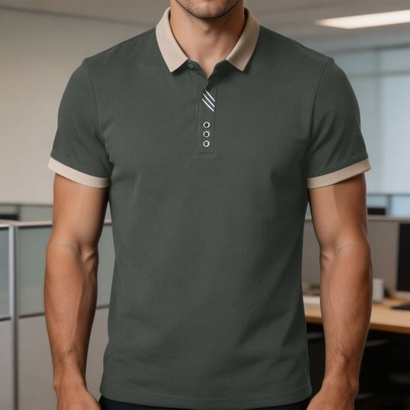 DPTALR Men's Casual Contrast Trim Short Sleeve Button Polo Shirt,Army Green,Big Men's,Tall Men's L,Young Men's T-shirt