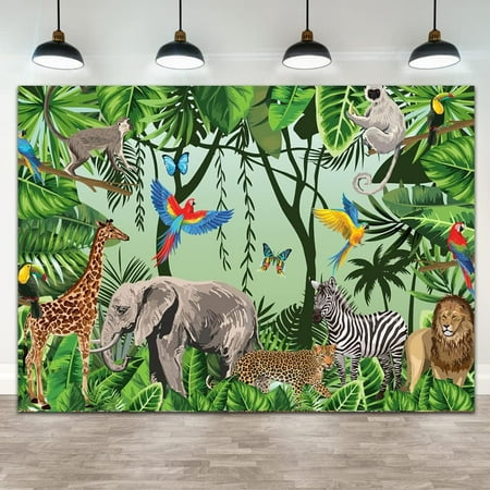 Image of Ticuenicoa 7×5ft Jungle Backdrop Safari Animals Tropical Boy Birthday Baby Birthday Party Wild One Banner