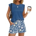 thumbnail image 2 of 2 Piece Short Sets for Women Summer Vacation Outfits Cap Sleeve Tops and Floral Shorts Set Hawaiian Beach Clothes Royal Blue M, 2 of 6
