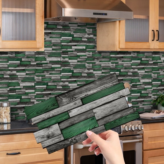 12Piece Green and Gray Wood Grain Tiles Stickers Wall Decals 4.72 x 9.68inch DIY Decor Peel and Stick Waterproof Kitchen Backsplash Tile